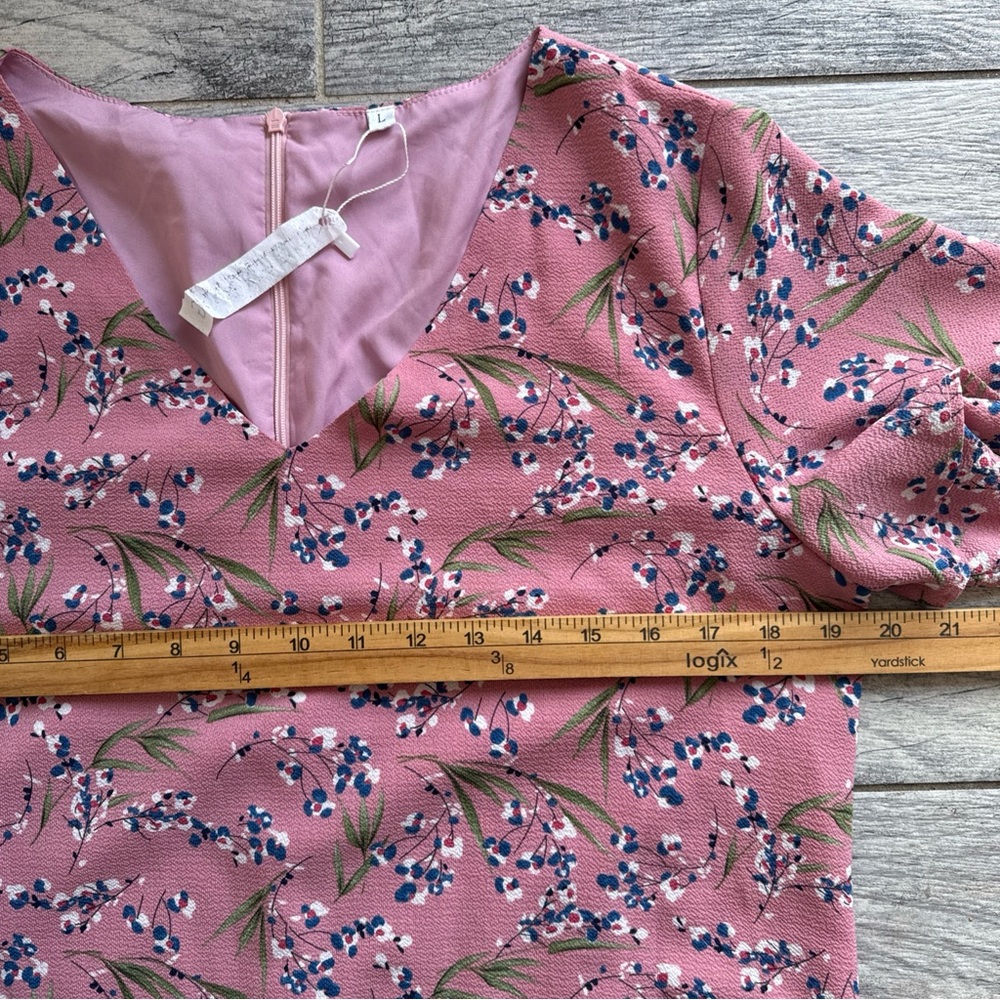 Women’s Large Floral Dress Pink V Neck Mini‎ Short Sleeve Spring Summer Lined - Picture 3 of 9